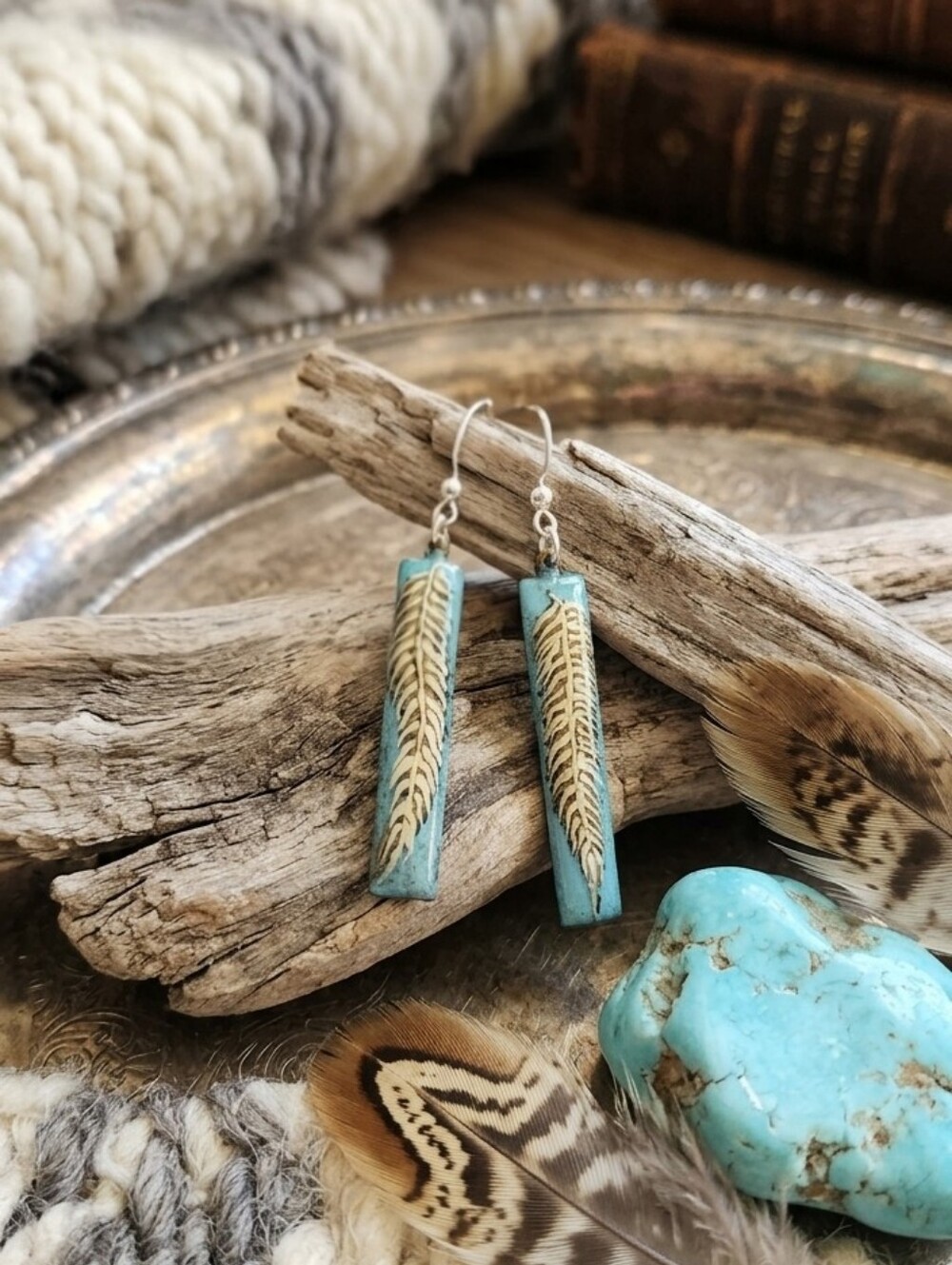 Teal Feather Dangle Earrings